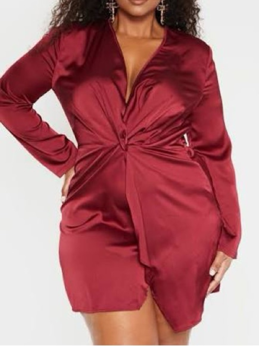 PRETTY LITTLE THING Burgundy Satin Long Sleeve Wrap Dress - Large